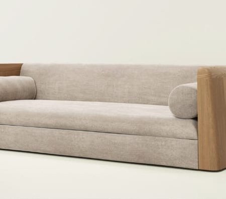 Matter sofa with solid wood side panels and upholstered seating in a modern Japandi interior style