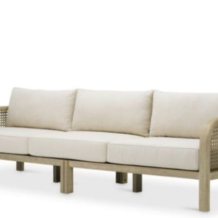 KANT sofa in zan wood with natural cane panels and linen upholstery