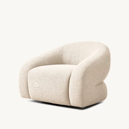 Shell lounge chair with fully upholstered sculptural design in soft fabric for modern minimalist interiors