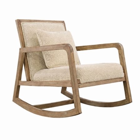 Xola rocking chair with solid wood frame and upholstered seat in a modern organic interior style