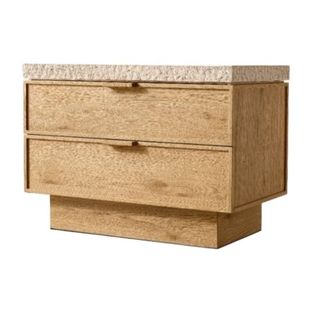 Arco nightstand with wooden body, two drawers, and tavertine stone top