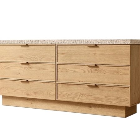 Arco dresser with wooden body, six drawers, and tavertine stone top