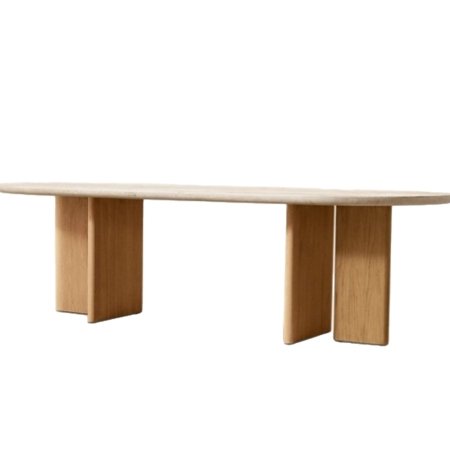 Mercer dining table with travertine stone top and oak veneer base
